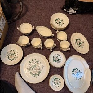 Classic Floral Dinnerware Set in Cream with Green Accents